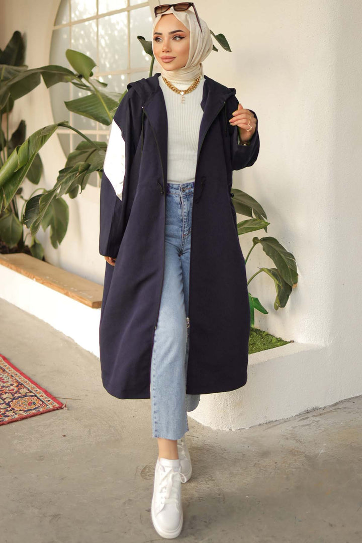 BNG Women Parlak Kol Detaylı Trençkot Lacivert 61658 - Acámbaro