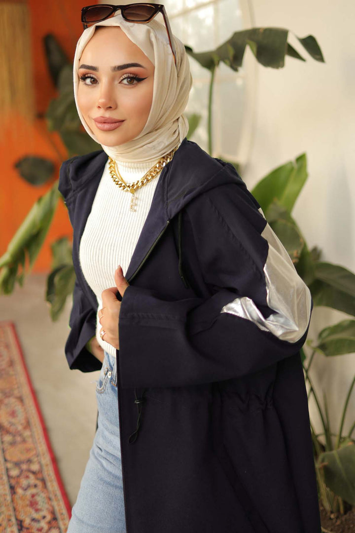 BNG Women Parlak Kol Detaylı Trençkot Lacivert 61658 - Acámbaro