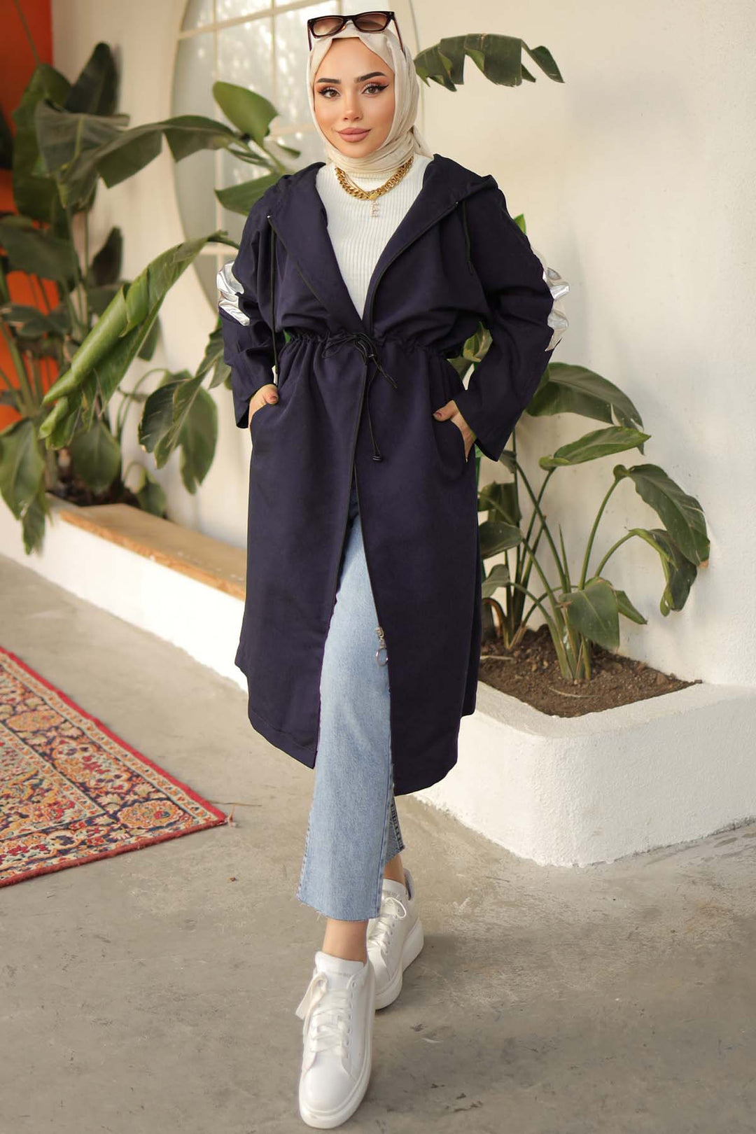 BNG Women Parlak Kol Detaylı Trençkot Lacivert 61658 - Acámbaro