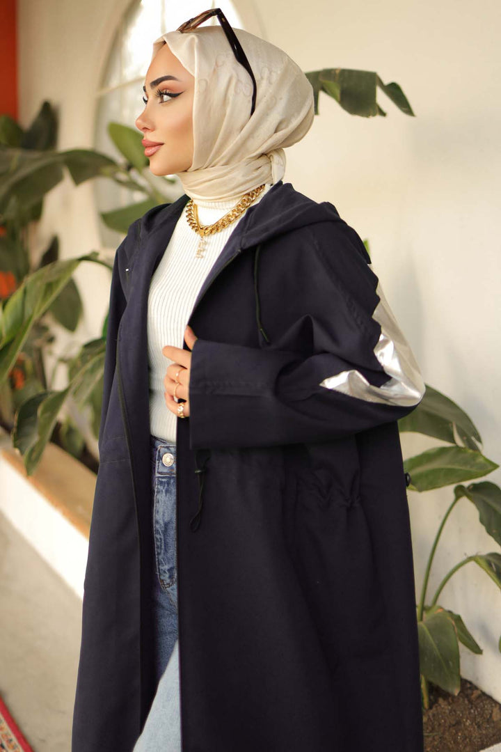 BNG Women Parlak Kol Detaylı Trençkot Lacivert 61658 - Acámbaro