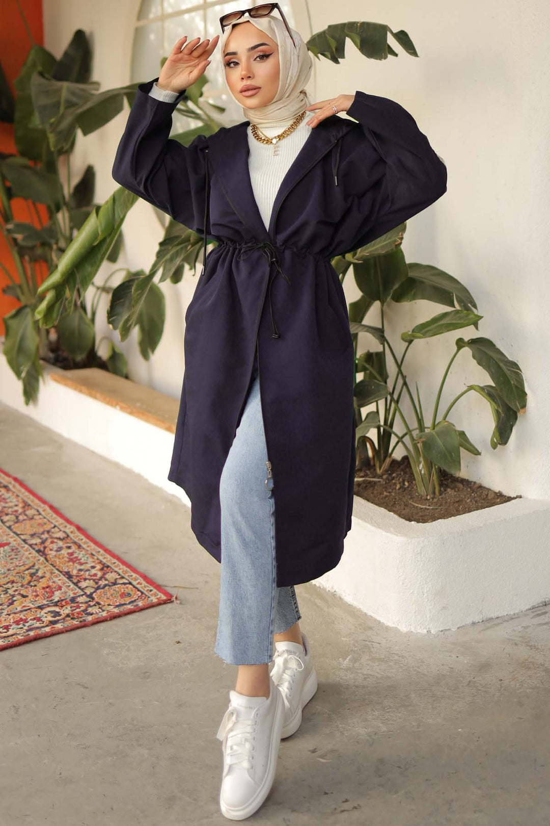 BNG Women Parlak Kol Detaylı Trençkot Lacivert 61658 - Acámbaro