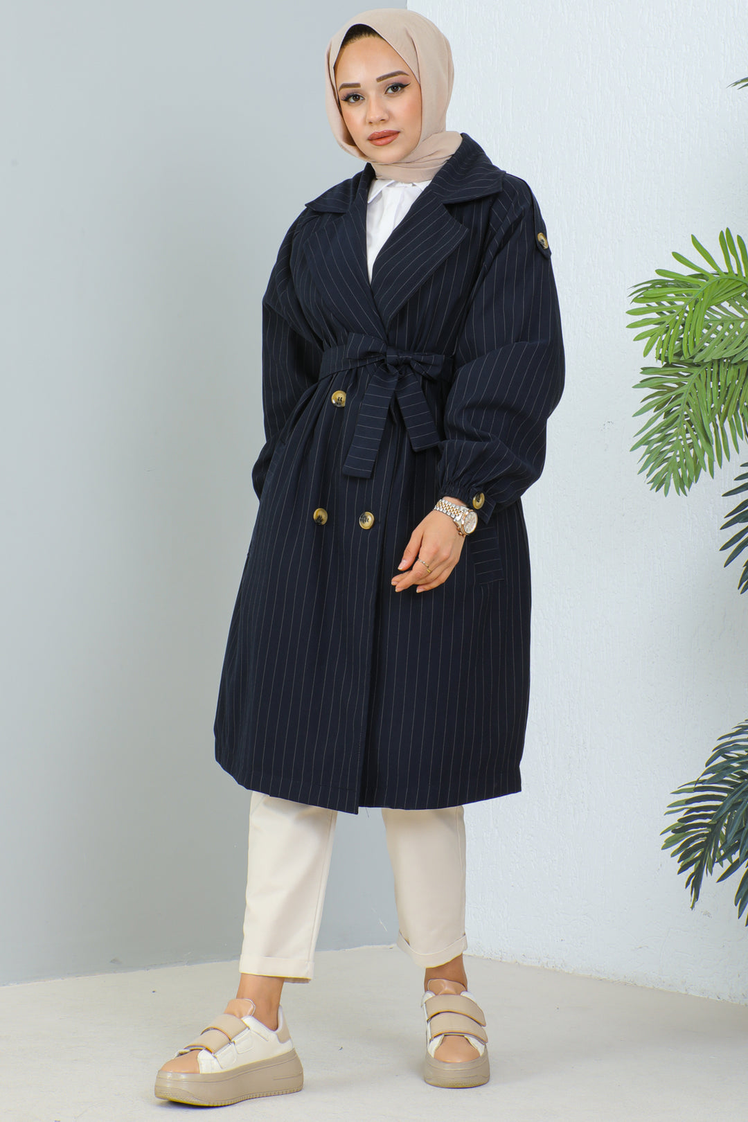 BNG Women Striped Trench Coat Navy - Clermont