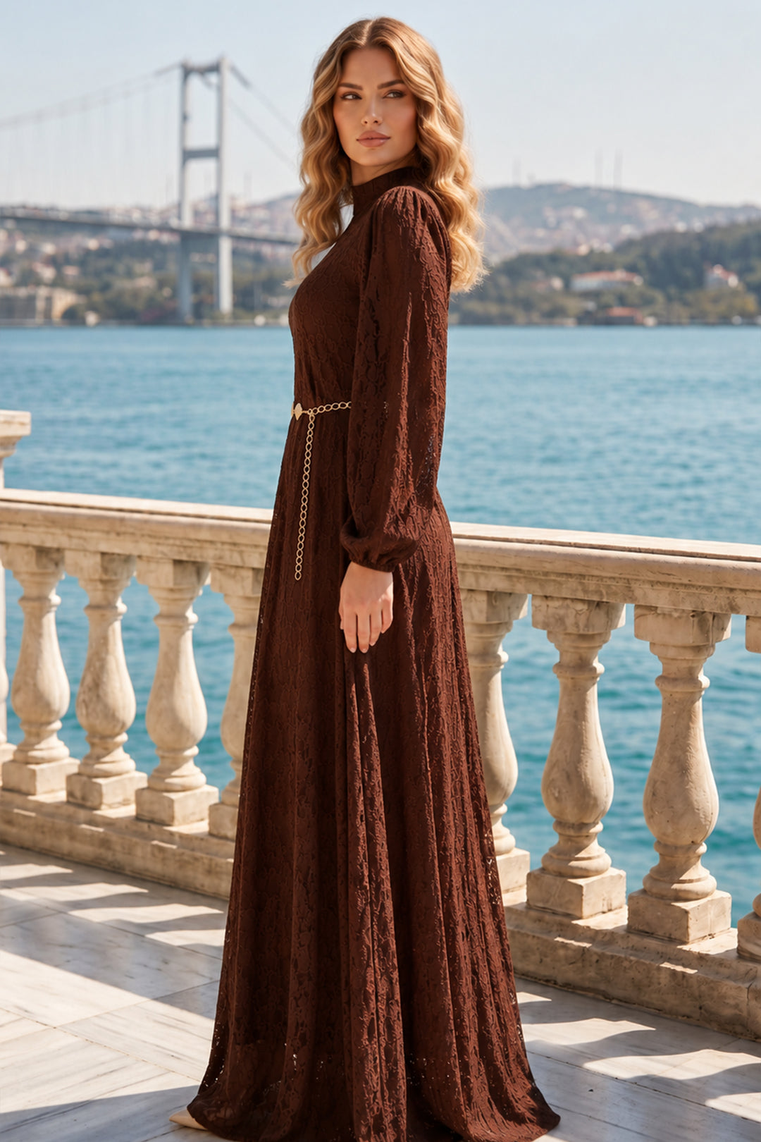BNG Women Kemerli Tesettür Elbise S0118 Kahverengi - Ravenna