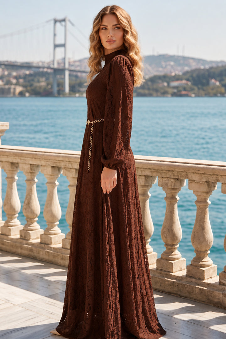 BNG Women Kemerli Tesettür Elbise S0118 Kahverengi - Ravenna
