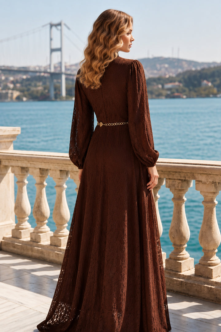 BNG Women Kemerli Tesettür Elbise S0118 Kahverengi - Ravenna