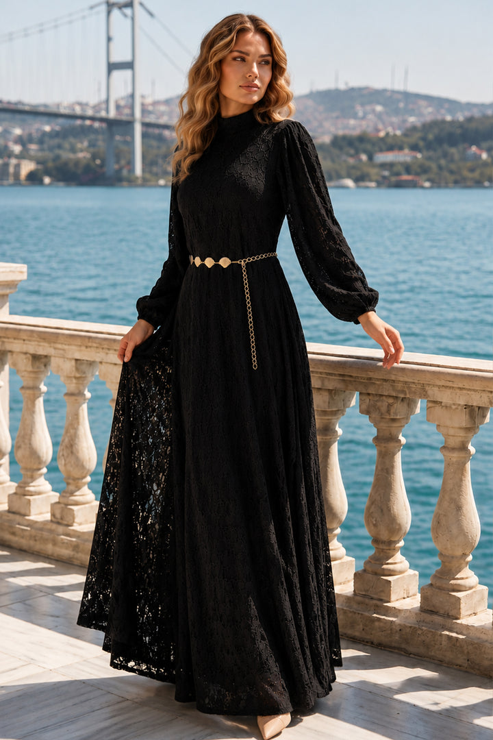 BNG Women Kemerli Tesettür Elbise S0118 Siyah - La Rinconada