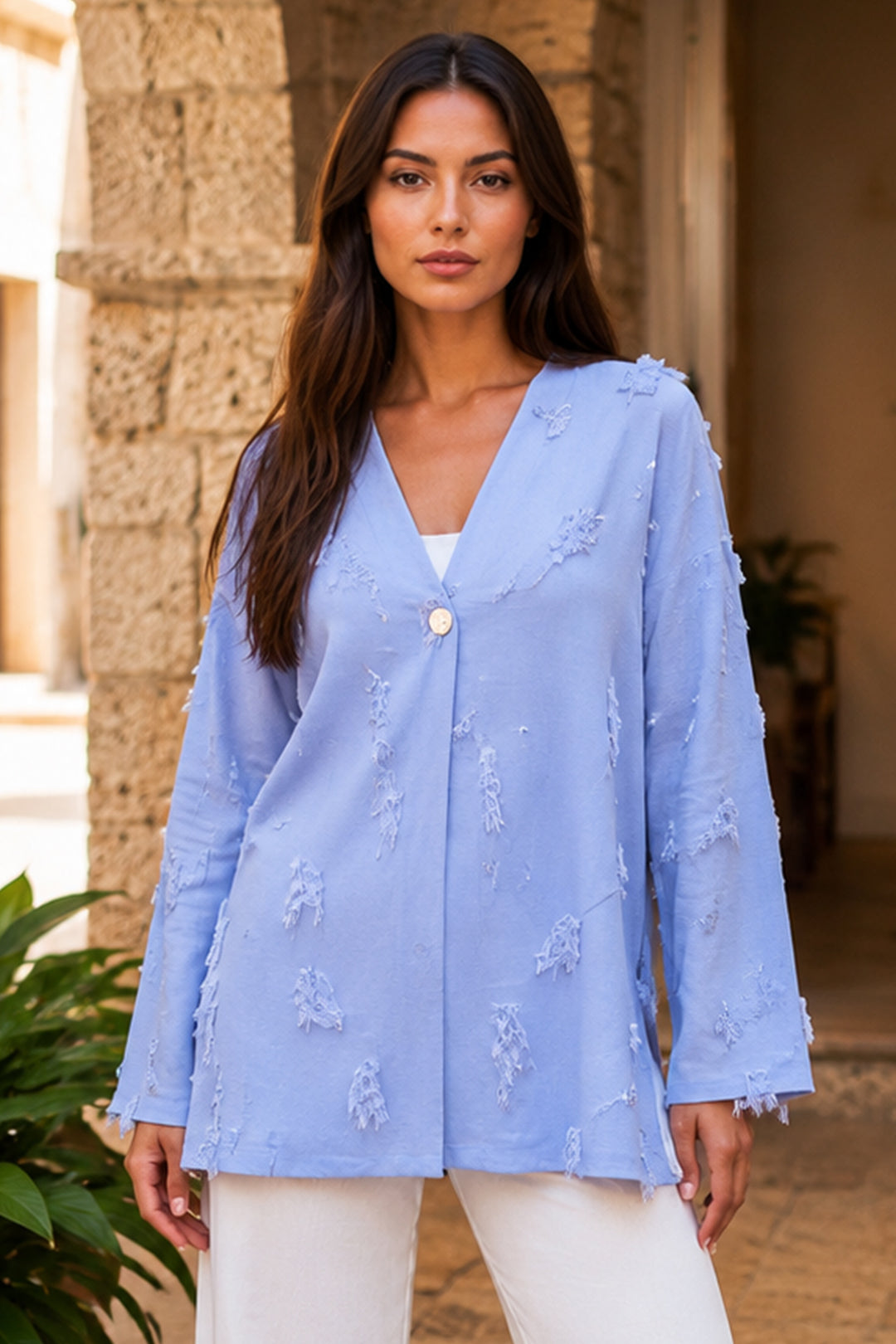 BNG Women Püskül Detaylı Kimono S2335 Mavi - Saanich