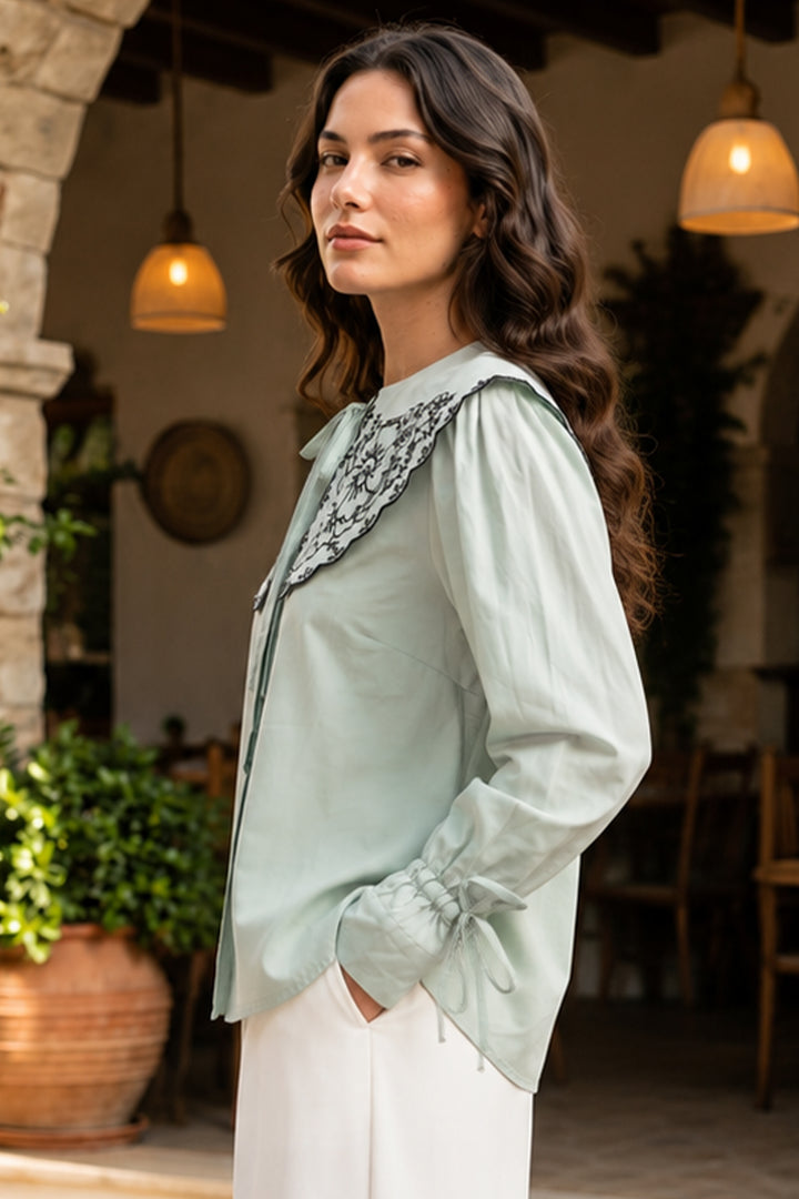 BNG Women Nakışlı Bebe Yaka Gömlek S2088 Çağla - Reus