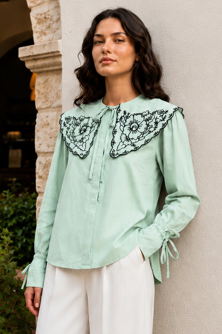 BNG Women Nakışlı Bebe Yaka Gömlek S2088 Mint Yeşili - Sanlúcar de Barrameda