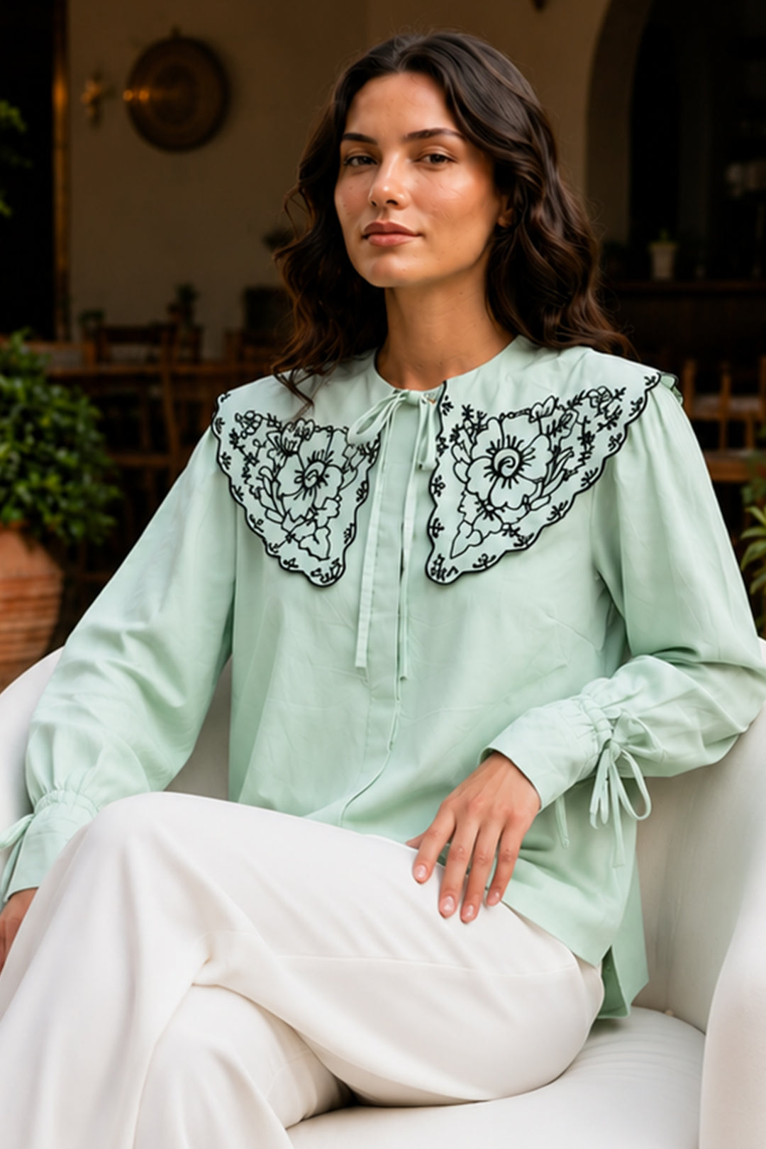 BNG Women Nakışlı Bebe Yaka Gömlek S2088 Mint Yeşili - Sanlúcar de Barrameda