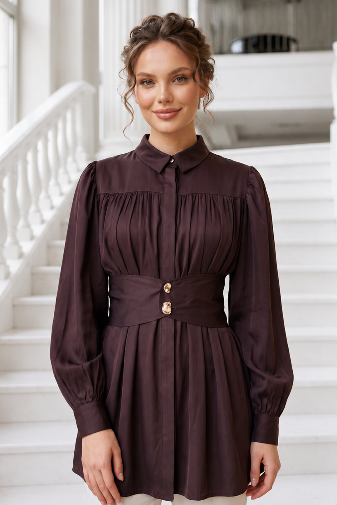 BNG Women Geniş Kemerli Gömlek S0134 Mürdüm - Moline