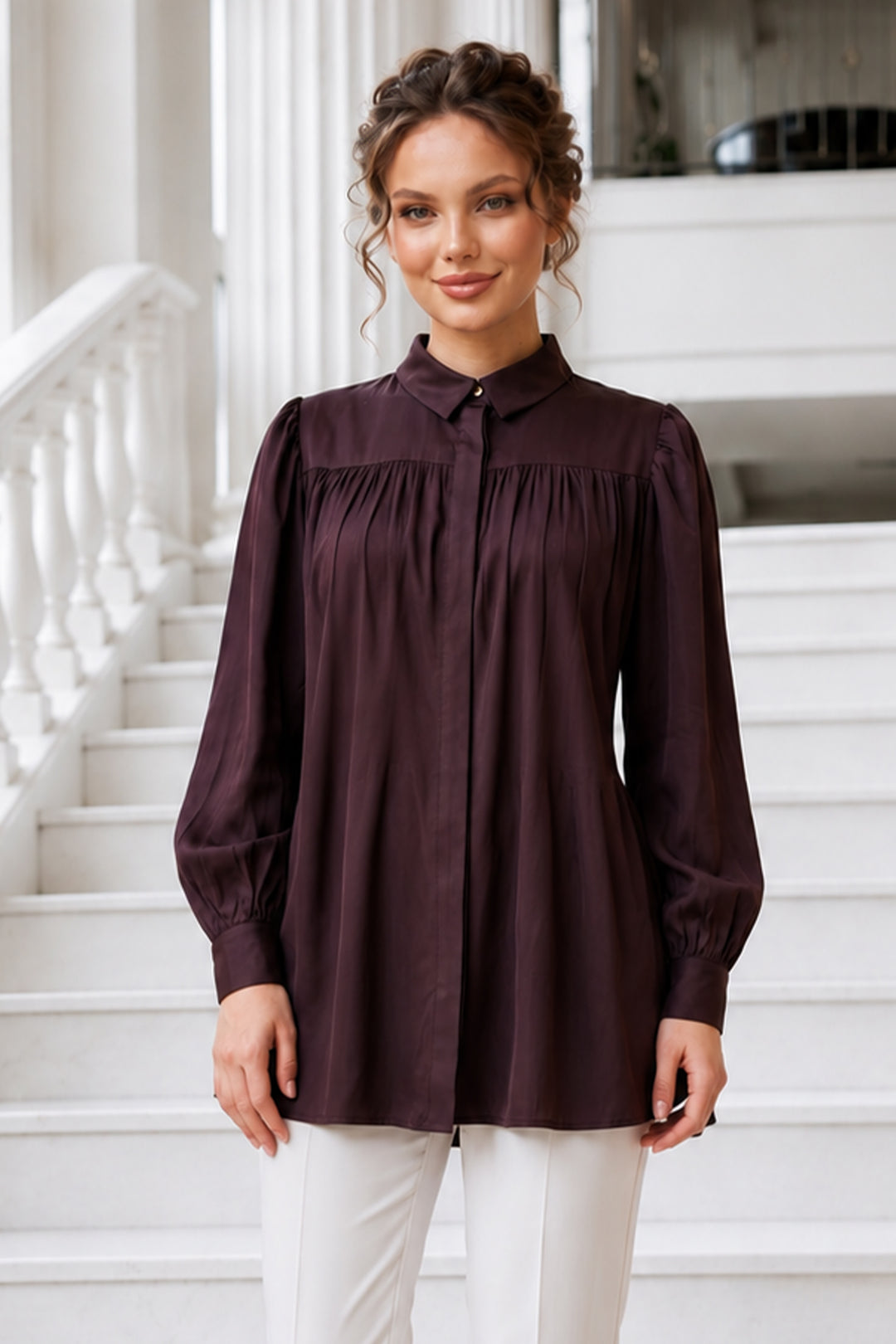 BNG Women Geniş Kemerli Gömlek S0134 Mürdüm - Moline