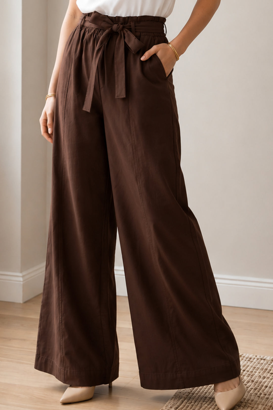 BNG Women Kemerli Beli Lastikli Pantolon S0068 Kahverengi - Ovar