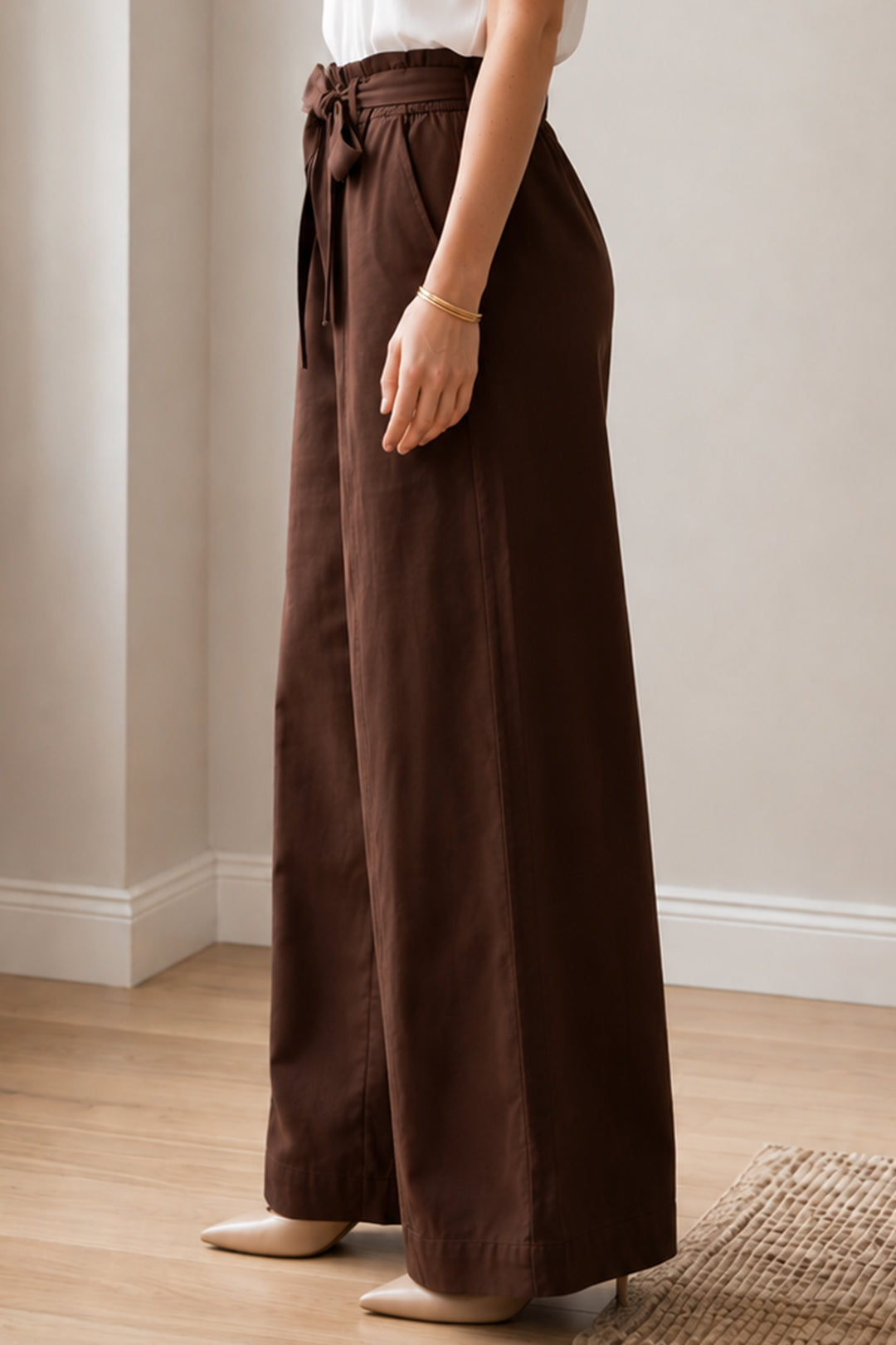 BNG Women Kemerli Beli Lastikli Pantolon S0068 Kahverengi - Ovar