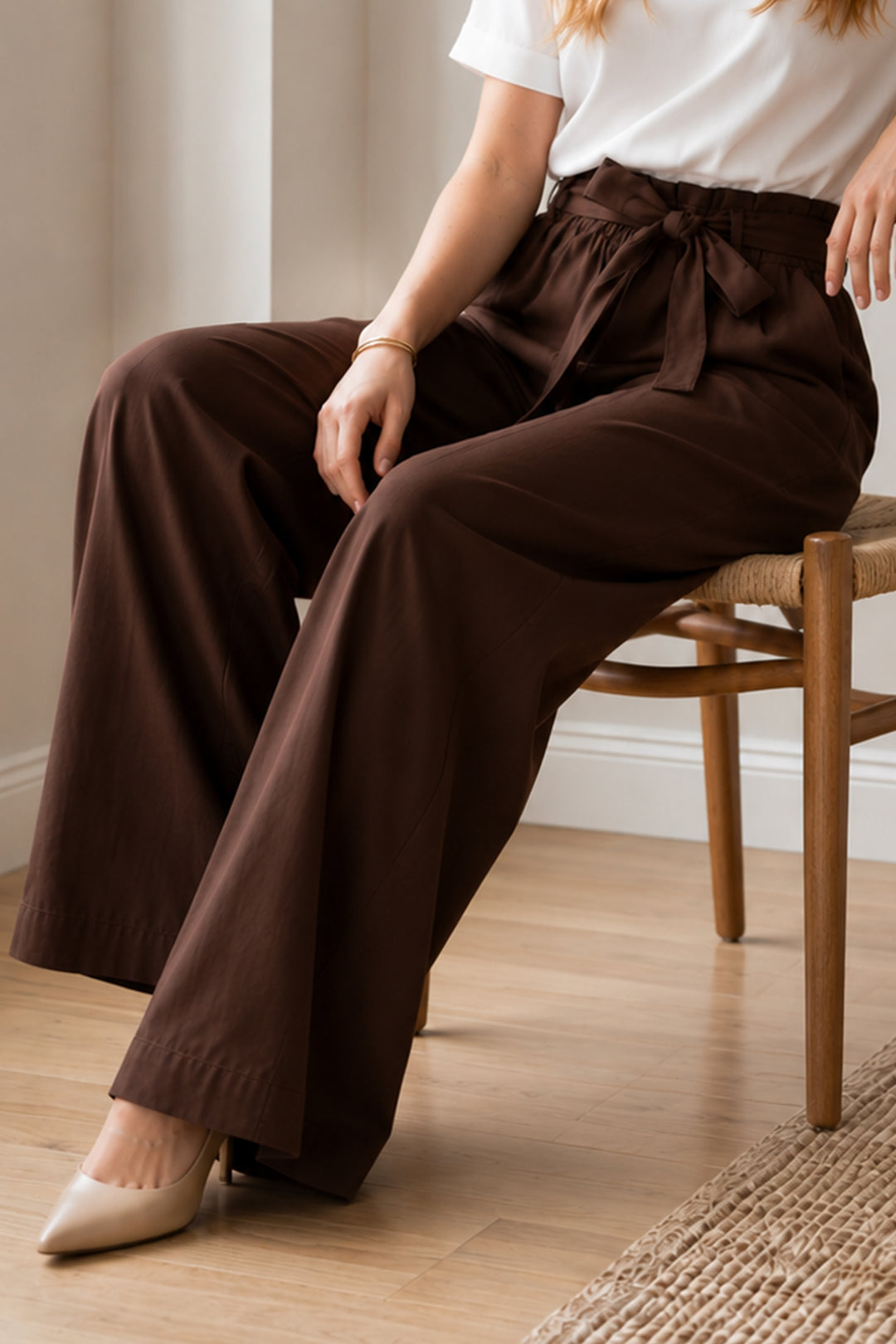 BNG Women Kemerli Beli Lastikli Pantolon S0068 Kahverengi - Ovar