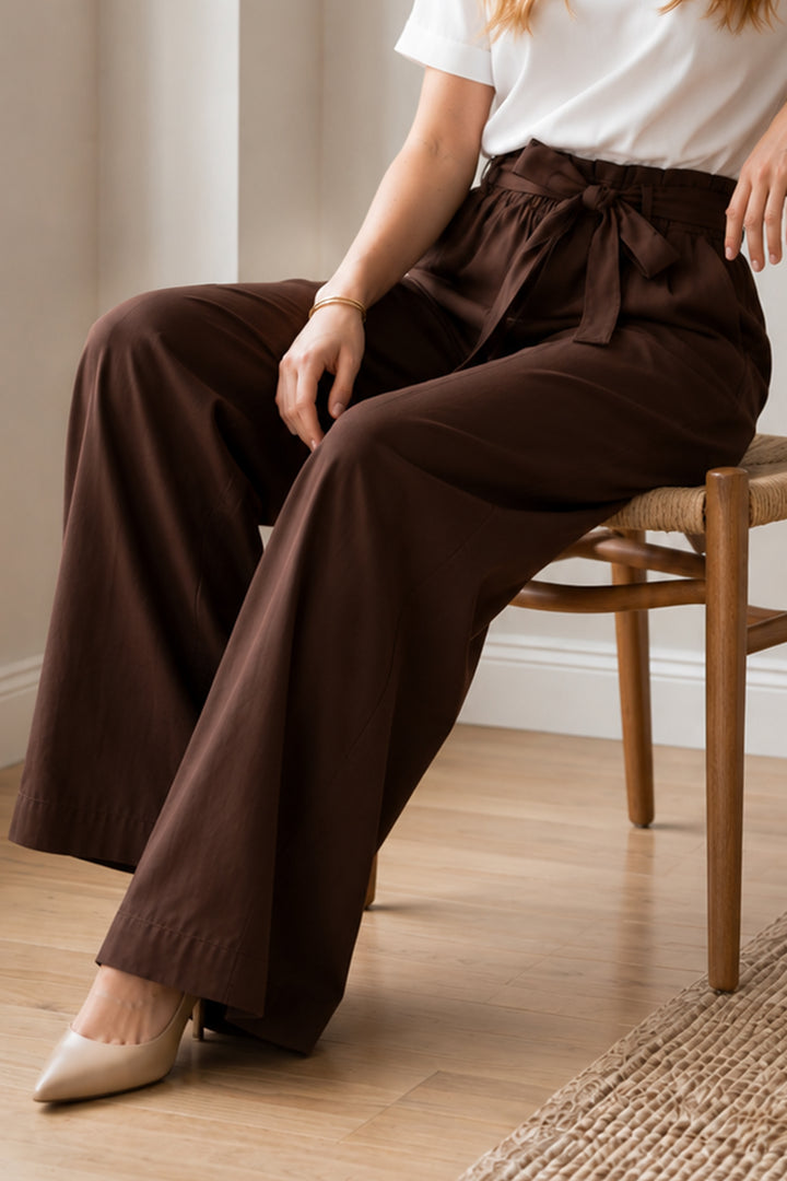 BNG Women Kemerli Beli Lastikli Pantolon S0068 Kahverengi - Ovar