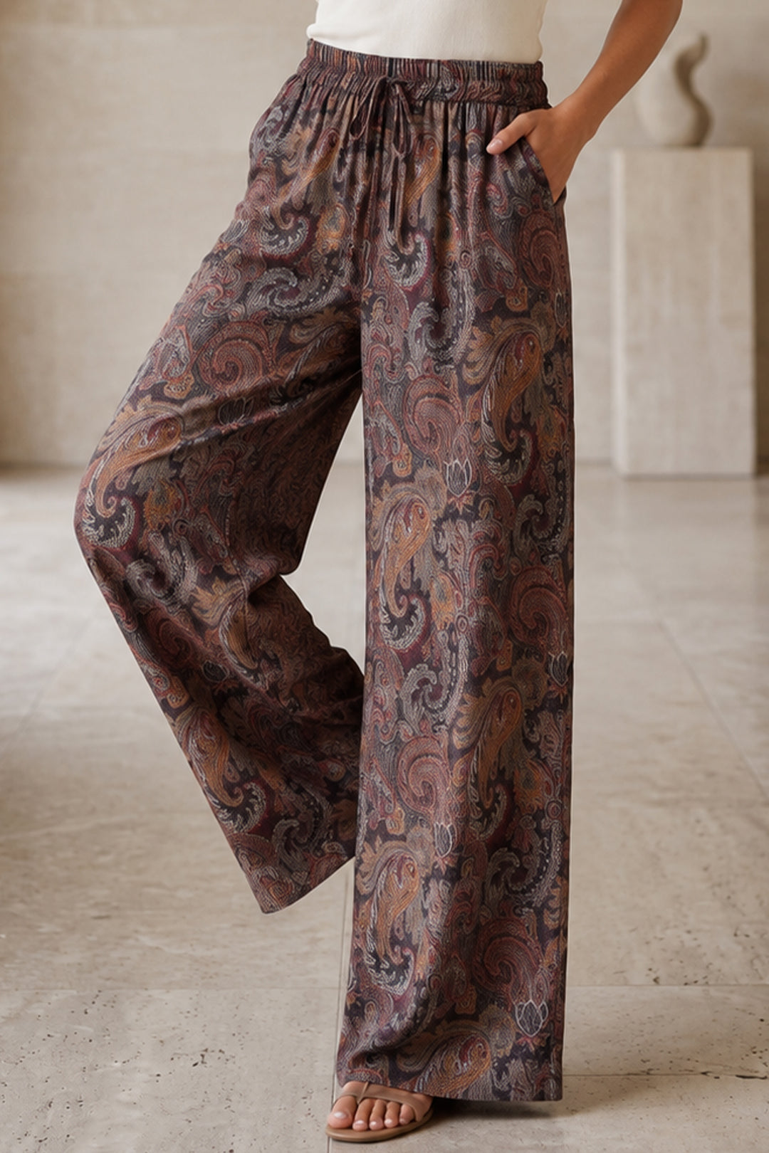 BNG Women Etnik Desen Salaş Pantolon S2395 Kahverengi - Nola