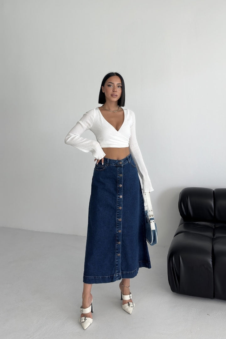 XLJ Long Denim Skirt with Buttons - Valence