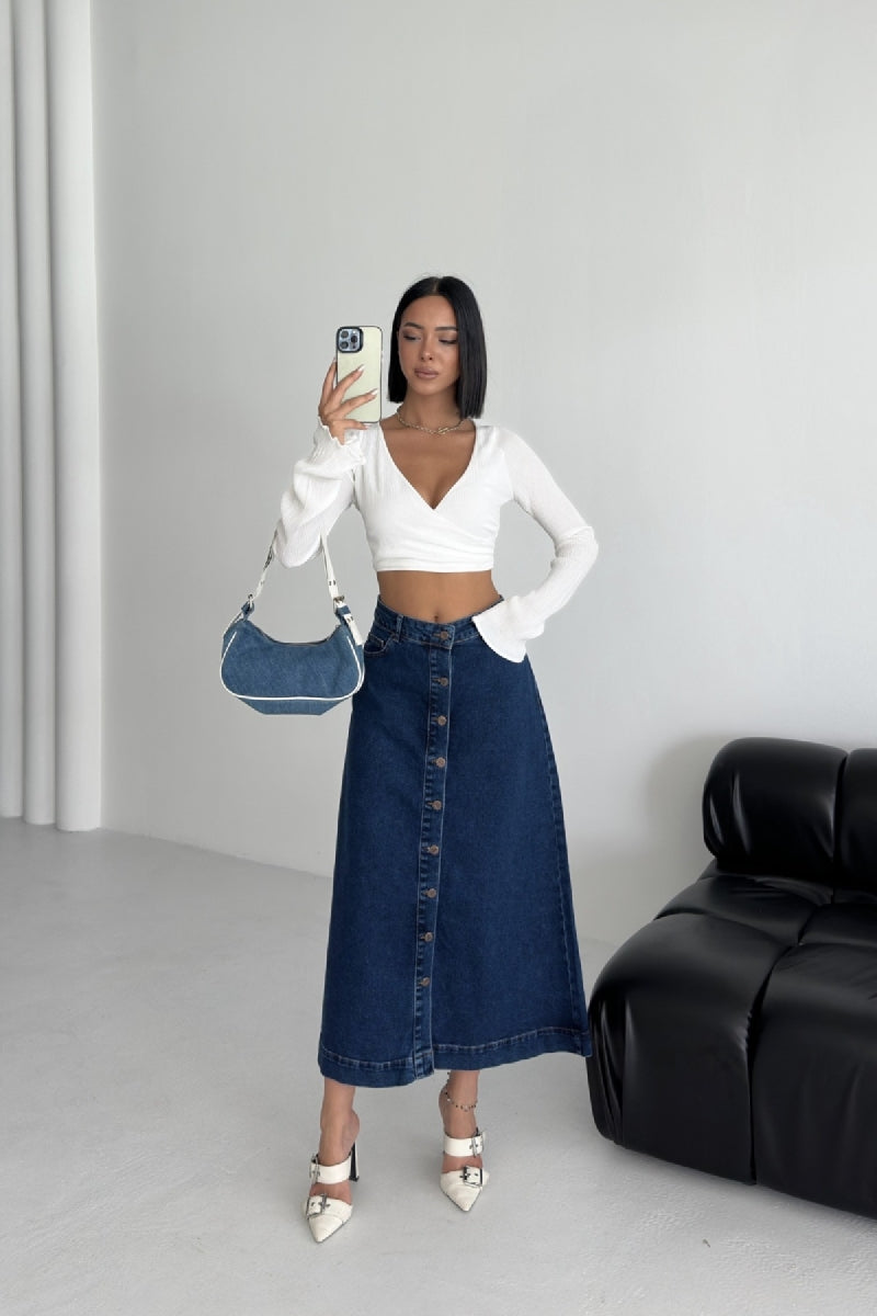 XLJ Long Denim Skirt with Buttons - Valence