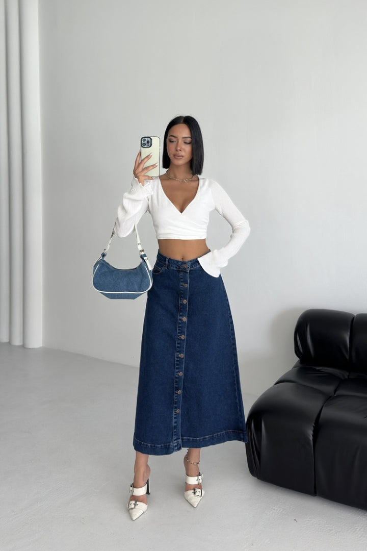 XLJ Long Denim Skirt with Buttons - Valence