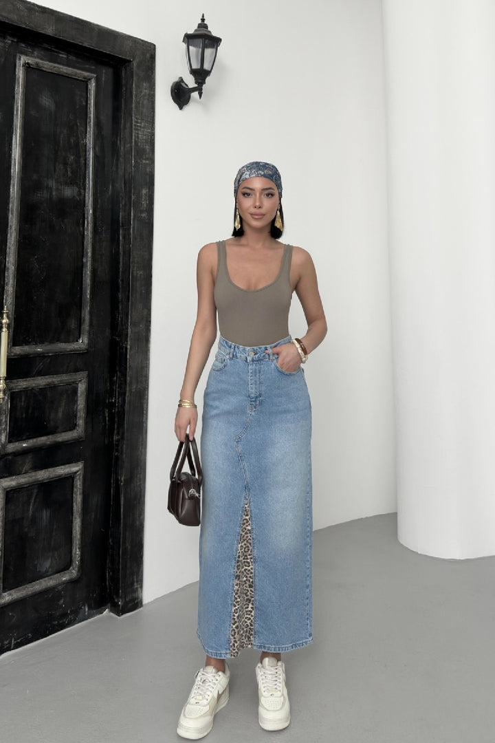 XLJ Leopard Pattern Detailed Denim Skirt Mixed - Cathedral City