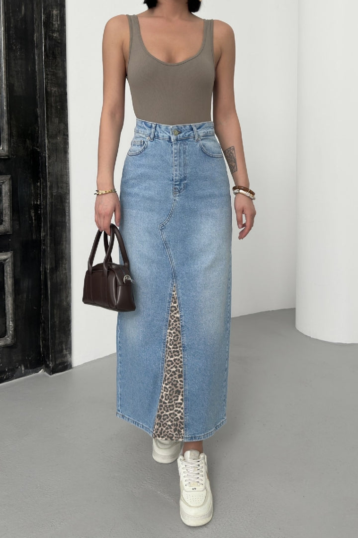 XLJ Leopard Pattern Detailed Denim Skirt Mixed - Cathedral City