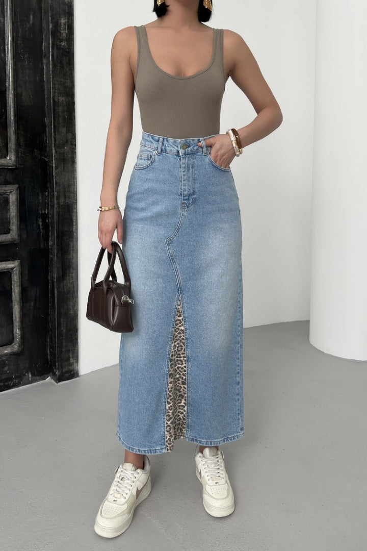 XLJ Leopard Pattern Detailed Denim Skirt Mixed - Cathedral City