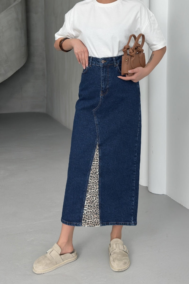 XLJ Leopard Pattern Detailed Denim Skirt Mixed - Killeen