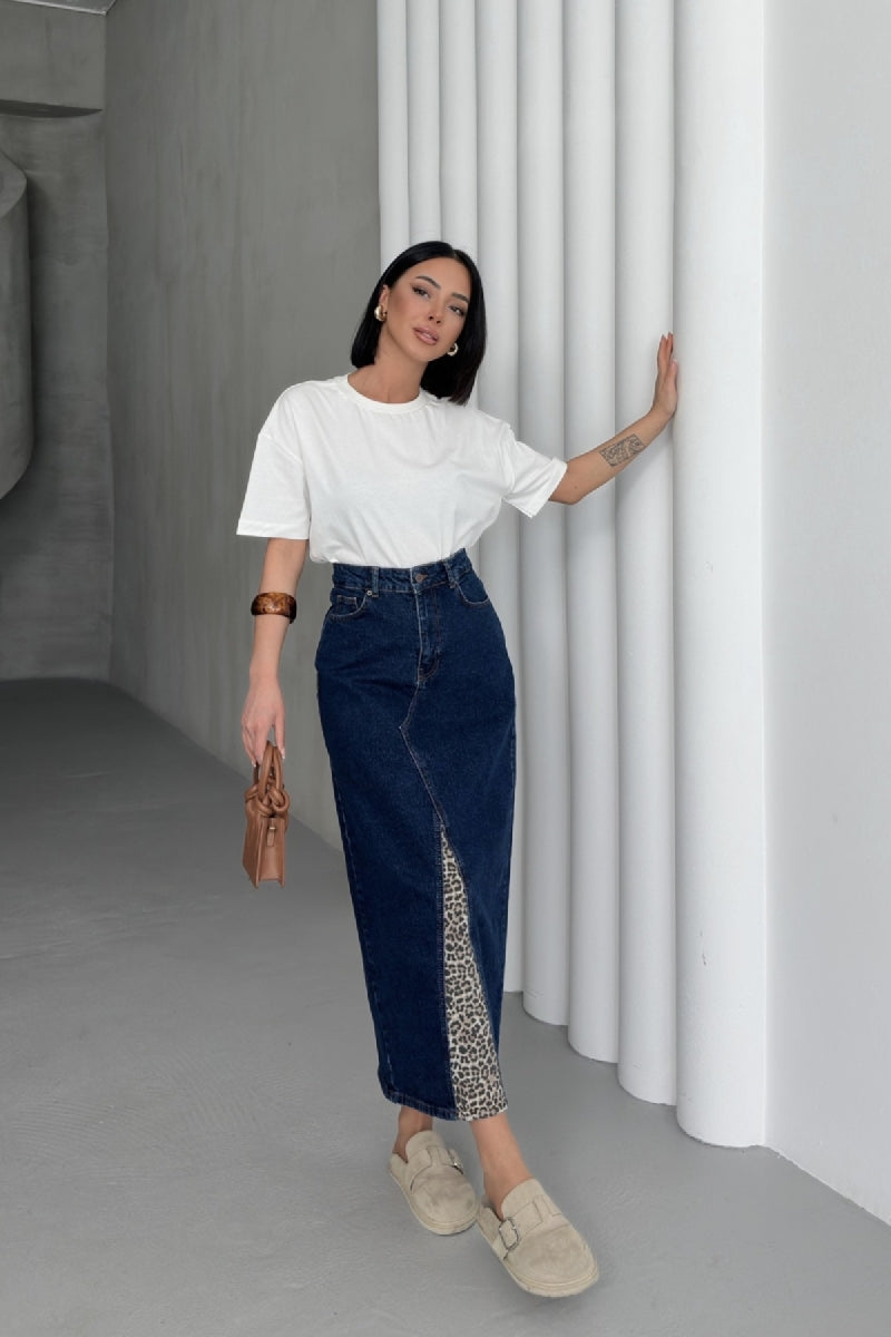 XLJ Leopard Pattern Detailed Denim Skirt Mixed - Killeen