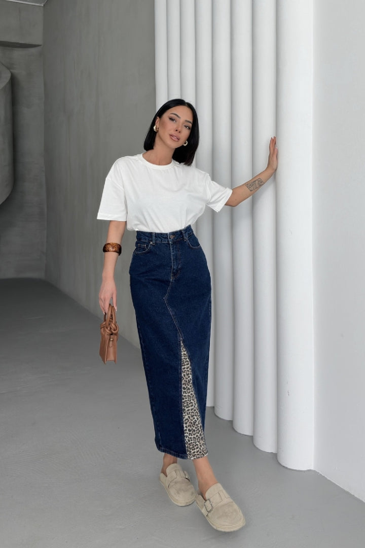 XLJ Leopard Pattern Detailed Denim Skirt Mixed - Killeen