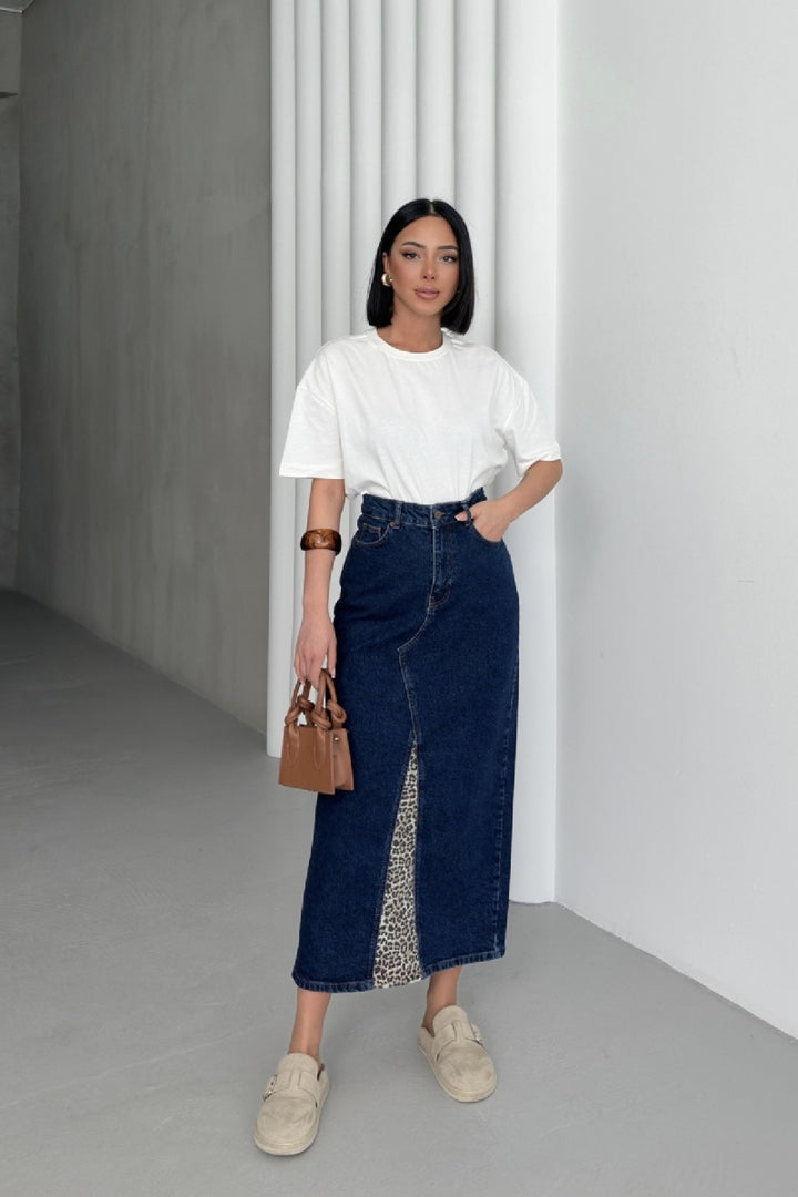 XLJ Leopard Pattern Detailed Denim Skirt Mixed - Killeen