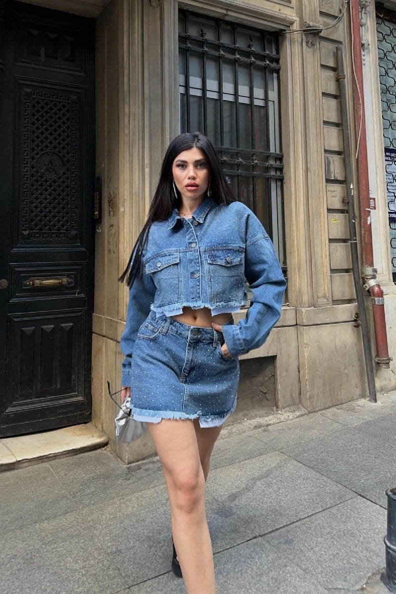 XLJ Mini Denim Skirt with Scattered Embellishment Stones - Batumi