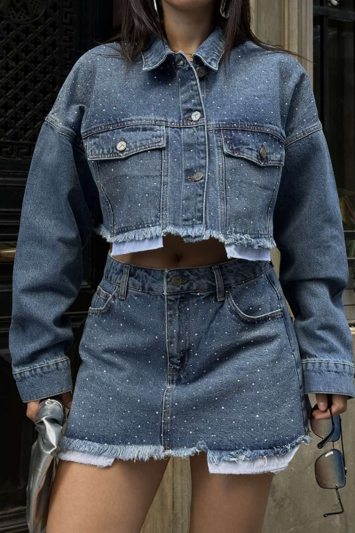XLJ Mini Denim Skirt with Scattered Embellishment Stones - Batumi