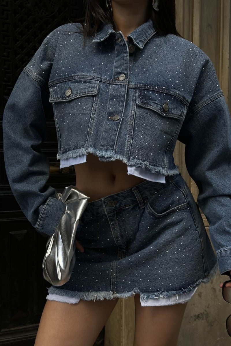 XLJ Mini Denim Skirt with Scattered Embellishment Stones - Batumi