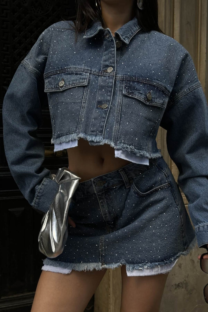 XLJ Mini Denim Skirt with Scattered Embellishment Stones - Batumi