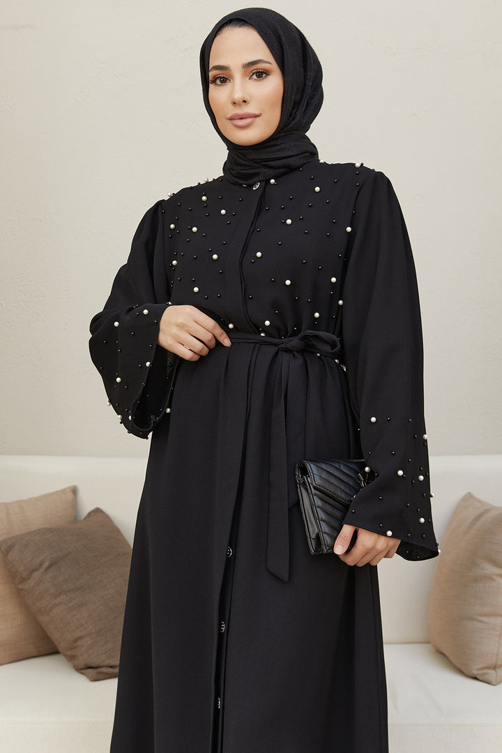 ZRF عباية نسائية مزينة باللؤلؤ - أسود - جرمرينج