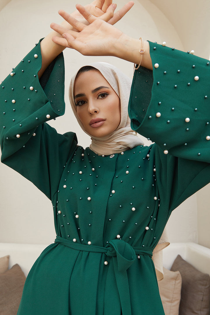 ZRF عباية نسائية مزينة باللؤلؤ - زمرد - ساليرنو