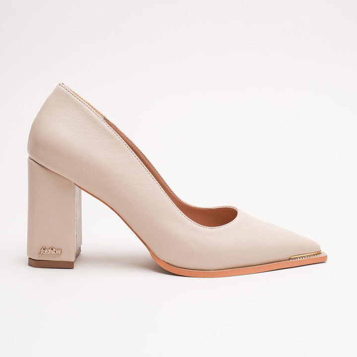 DSM Julya Cream Leather Thick Heel Gold Buckle Detail Pointed Toe Stiletto Heeled Women's Shoes - Barreiro