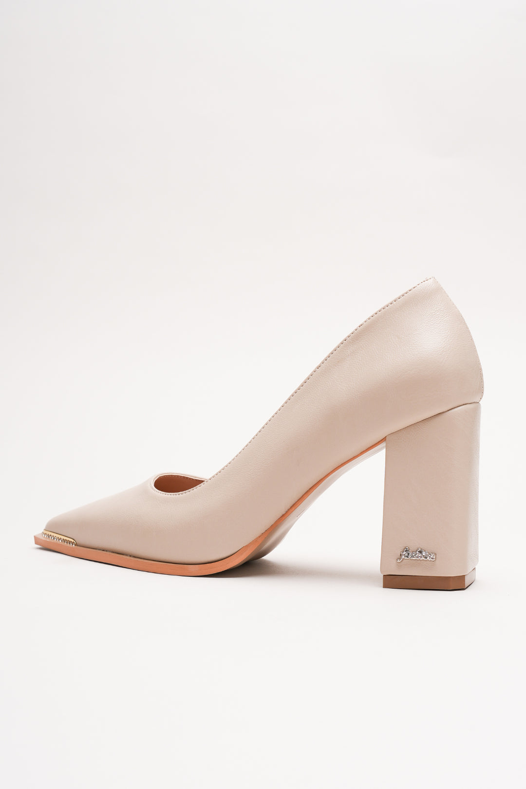 DSM Julya Cream Leather Thick Heel Gold Buckle Detail Pointed Toe Stiletto Heeled Women's Shoes - Barreiro