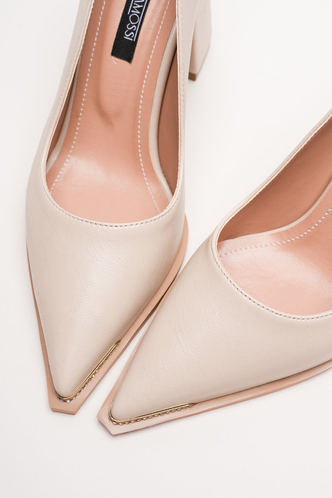 DSM Julya Cream Leather Thick Heel Gold Buckle Detail Pointed Toe Stiletto Heeled Women's Shoes - Barreiro