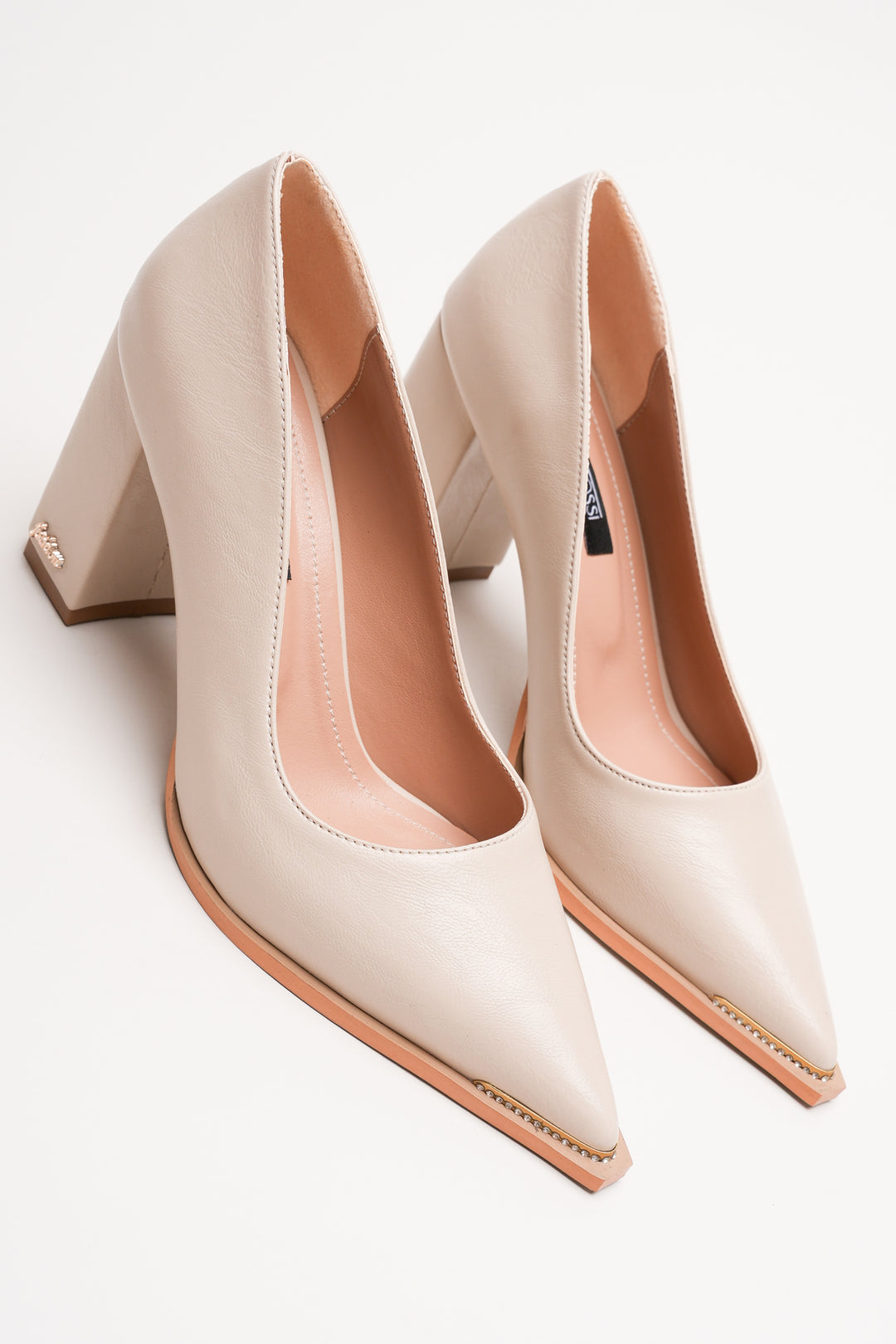 DSM Julya Cream Leather Thick Heel Gold Buckle Detail Pointed Toe Stiletto Heeled Women's Shoes - Barreiro