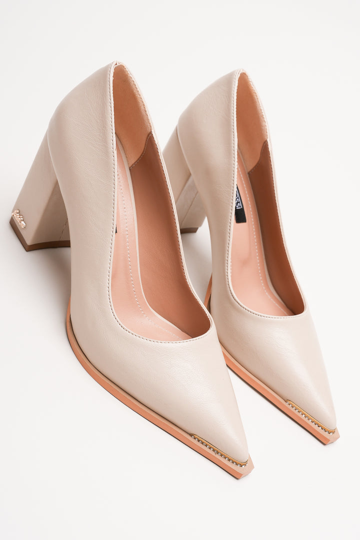 DSM Julya Cream Leather Thick Heel Gold Buckle Detail Pointed Toe Stiletto Heeled Women's Shoes - Barreiro