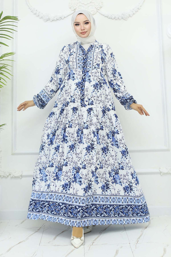 BNG Women Floral Patterned Viscose Dress Blue 2423 - St. Louis