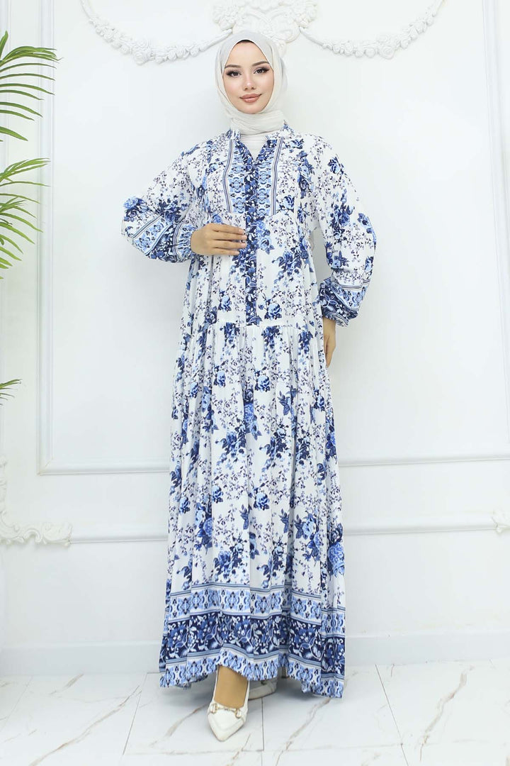 BNG Women Floral Patterned Viscose Dress Blue 2423 - St. Louis