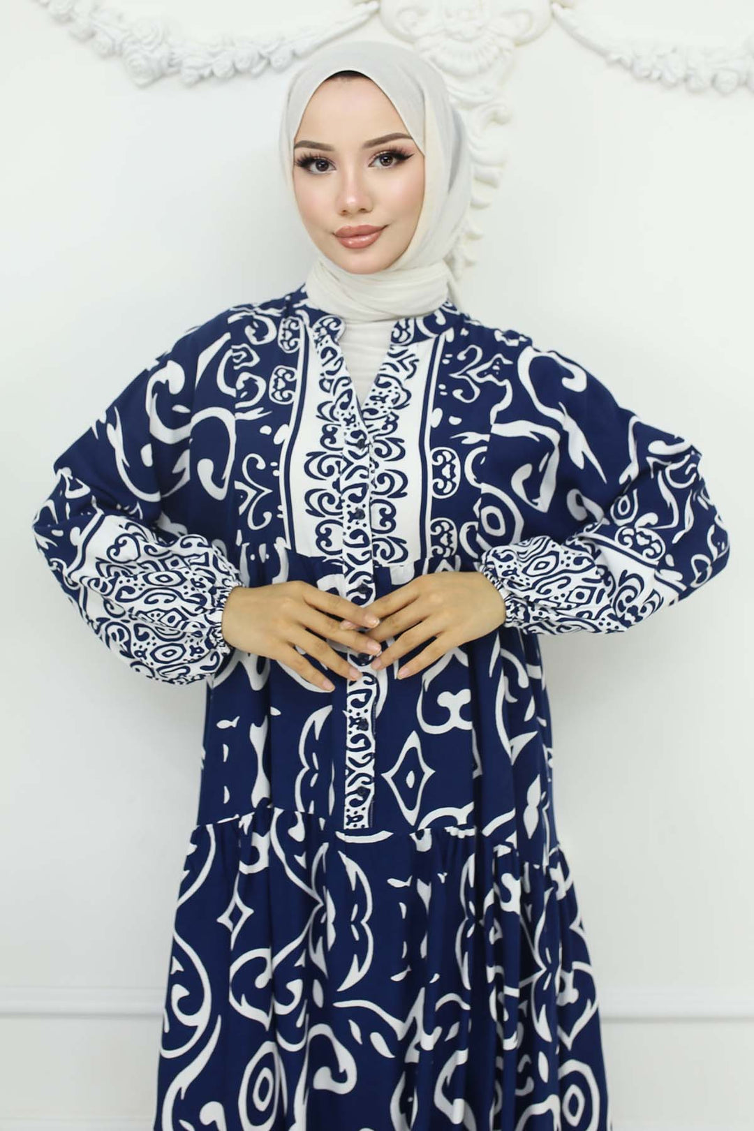 BNG Women Desenli Viskon Elbise Lacivert 2425 - Mountain View