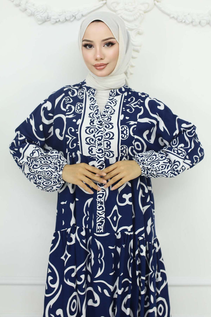 BNG Women Desenli Viskon Elbise Lacivert 2425 - Mountain View