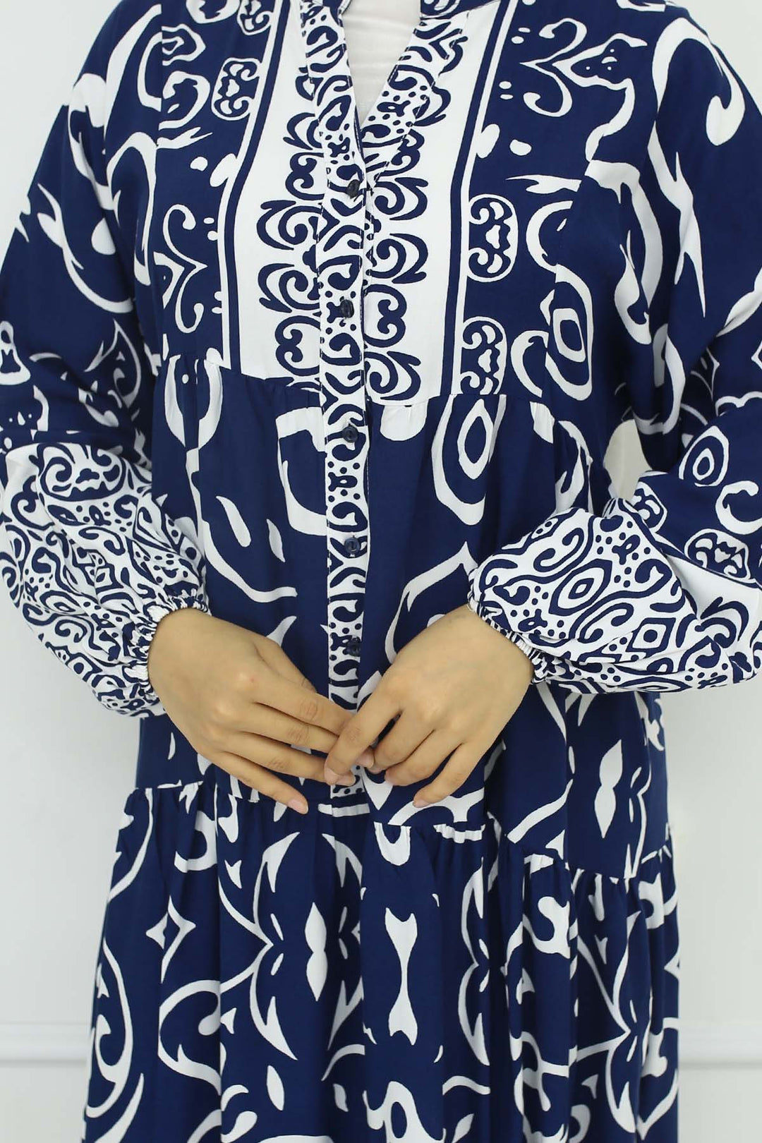 BNG Women Desenli Viskon Elbise Lacivert 2425 - Mountain View