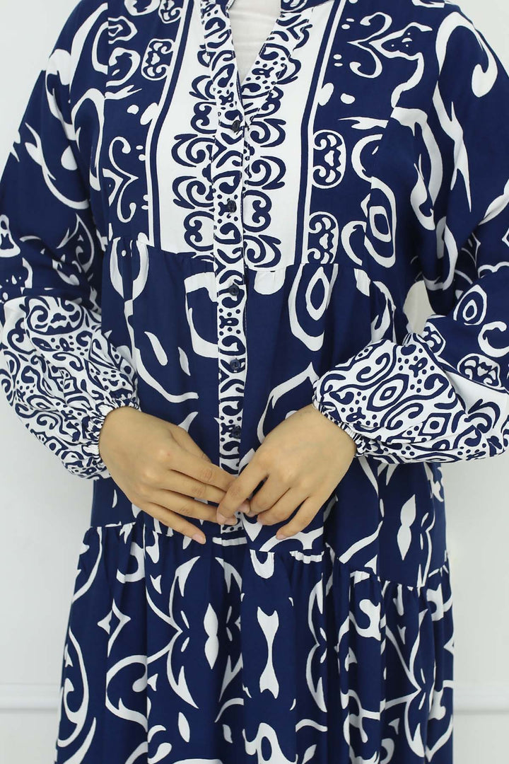 BNG Women Desenli Viskon Elbise Lacivert 2425 - Mountain View