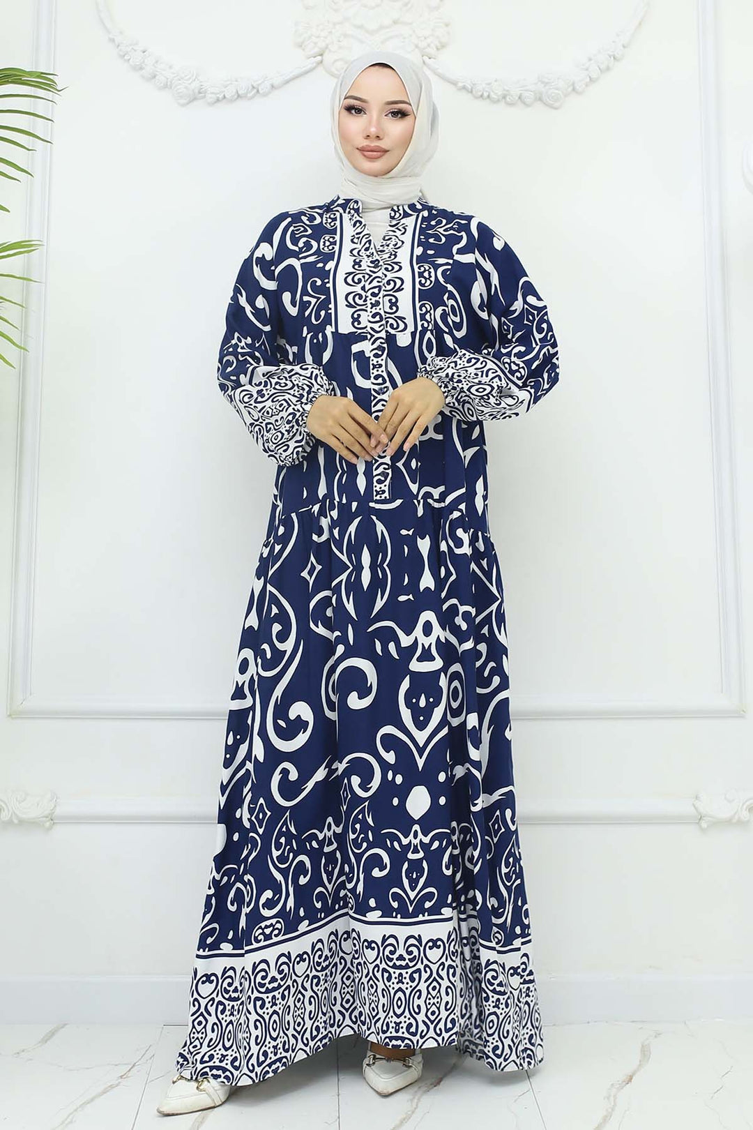 BNG Women Desenli Viskon Elbise Lacivert 2425 - Mountain View