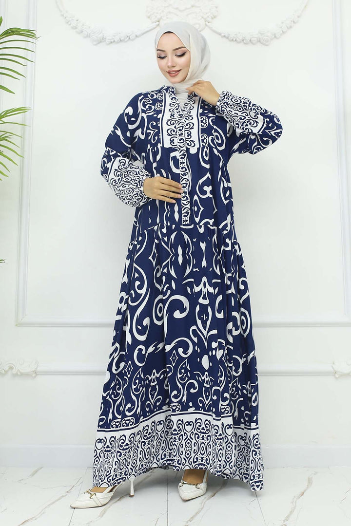 BNG Women Desenli Viskon Elbise Lacivert 2425 - Mountain View